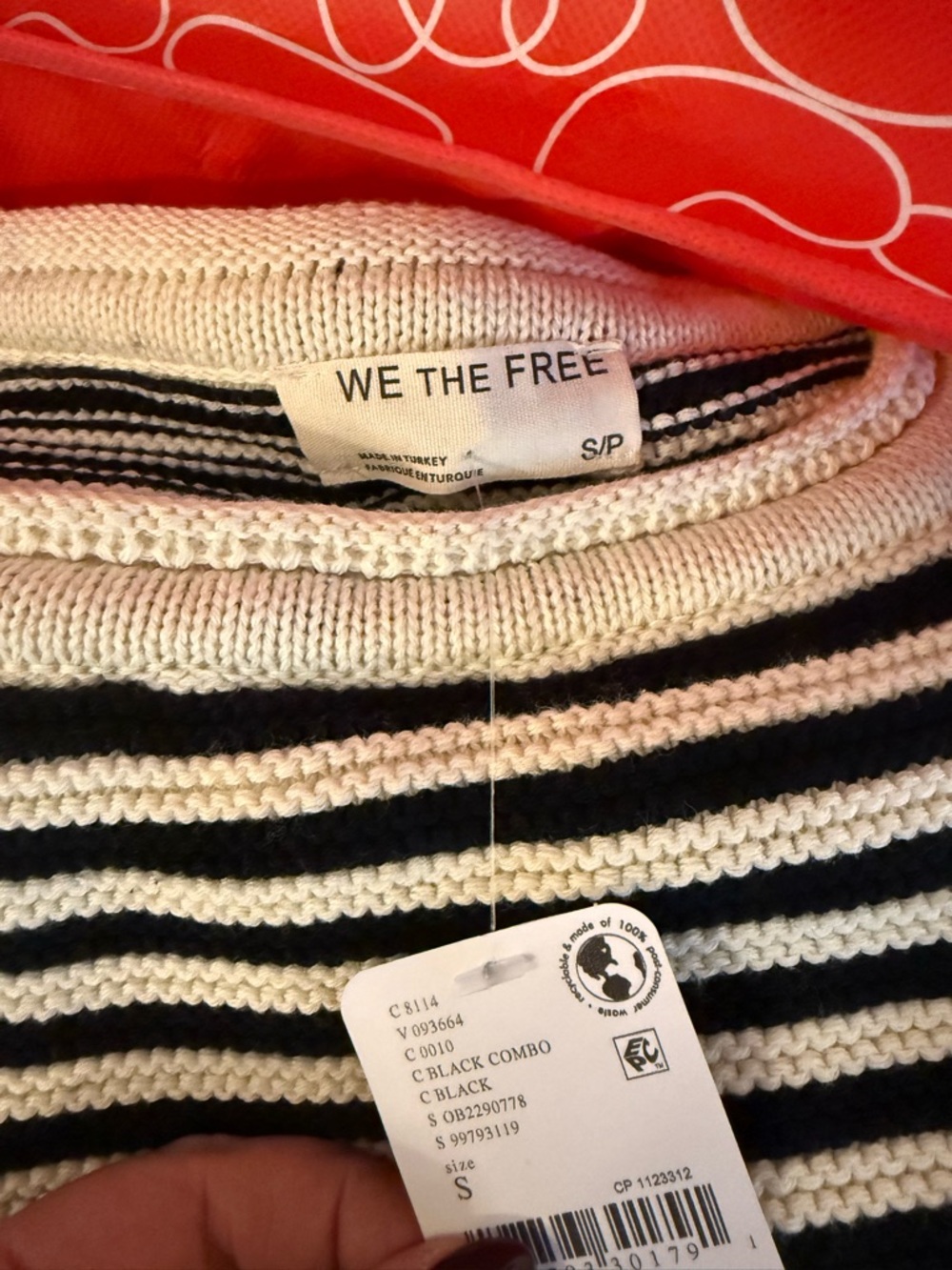 Free People Black & Cream Striped Crewneck Sweater with Red Hem - Picture 4 of 8